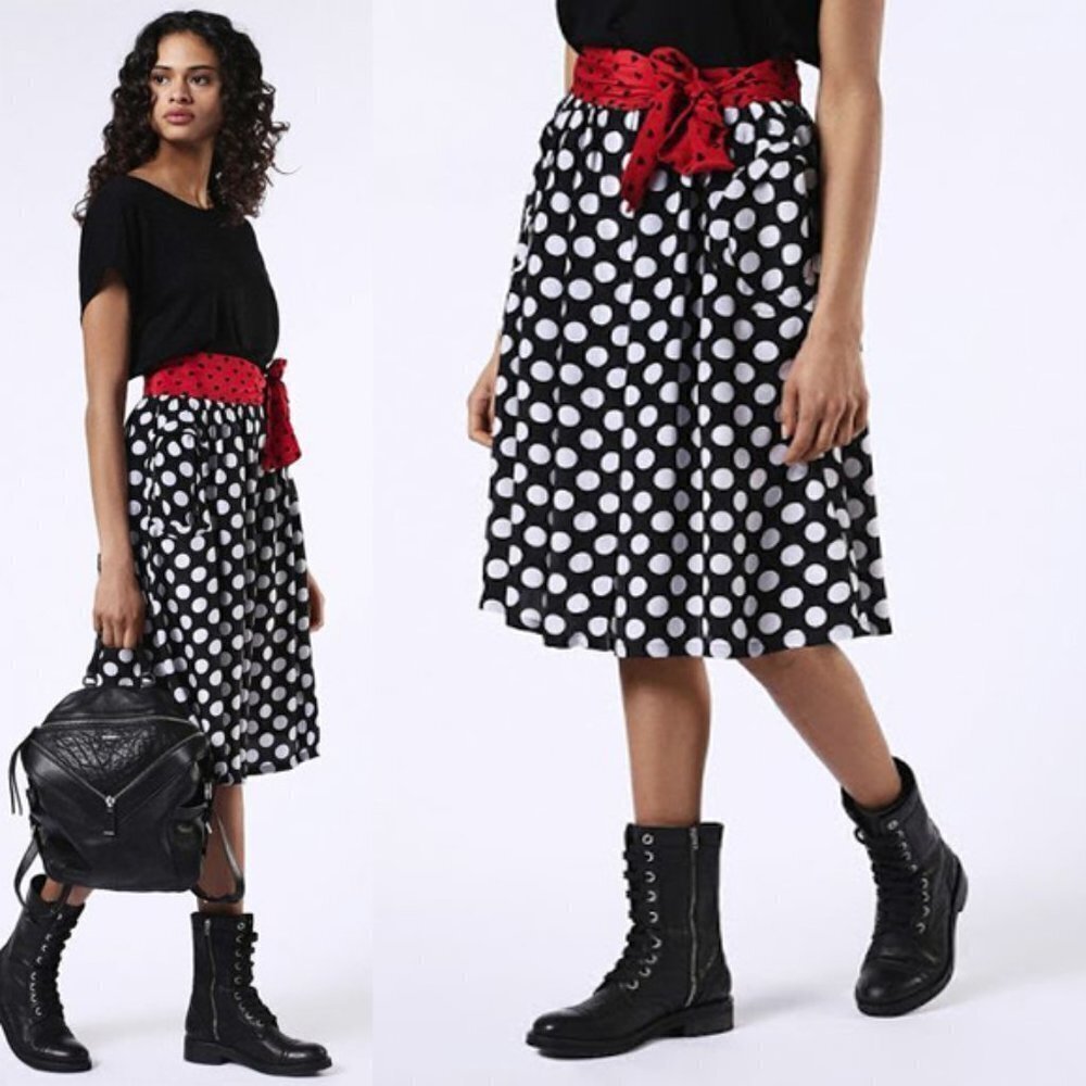 NWT Diesel Polka Dot And Hearts Wrap Belt Knee Skirt w Pockets S 27